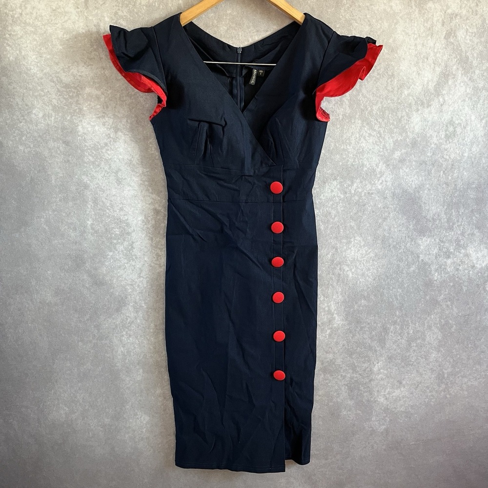 MIUSOL Sheath Dress Women Small Navy Blue Red Ruffle Sleeve Retro Button Detail